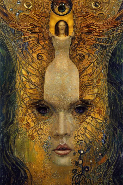 Image similar to Metamorphosis by Karol Bak, Jean Deville, Gustav Klimt, and Vincent Van Gogh, transformation portrait, chimera, visionary, cicada wings, otherworldly, fractal structures, ornate gilded medieval icon, third eye, dynamic, spirals