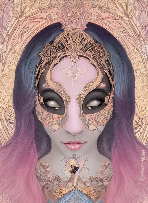 Image similar to “ an adorable woman wear beautifull intricate mask, lolitadress, pastel color, iridescent, highly detailed, tarot card featured on artstation, cgsociety, artgerm, clear symmetrical face, by moebius, kelly mckernan, skeeva and tom bagshaw, 8 k, intricate details, fantasy, character design, concept art ”