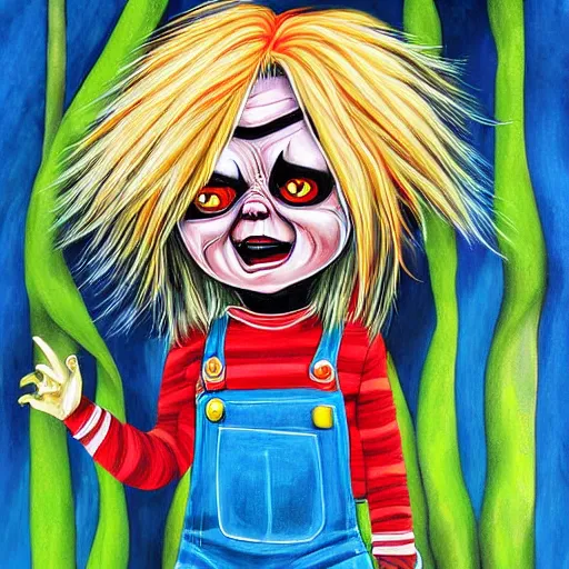Prompt: emo painting of chucky by jeremiah ketner | horror themed | creepy