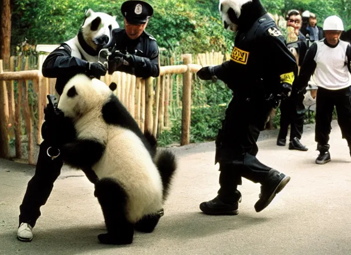 Prompt: 90's Professional Color Photography, Nikon, A panda fights with a policeman in a park with his bare hands., Summer