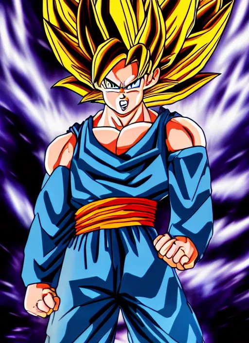 Image similar to a full portrait photo of super saiyan son goku, f / 2 2, 3 5 mm, 2 7 0 0 k, lighting, perfect faces, award winning photography.