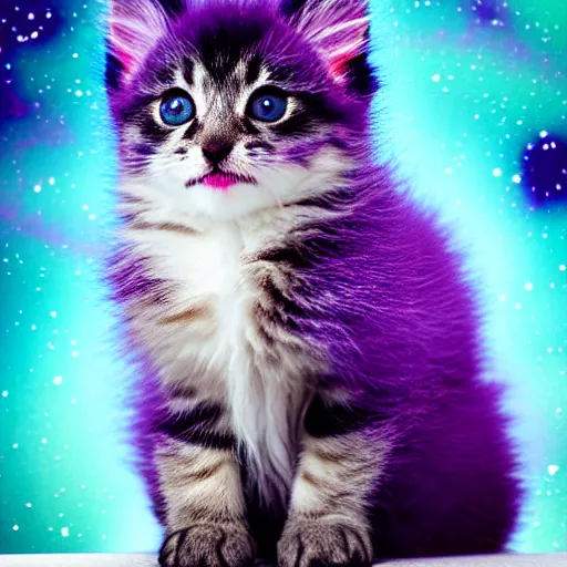 Image similar to cute fluffy kitten with purple cyan and white tabby fur and big eyes with night sky background