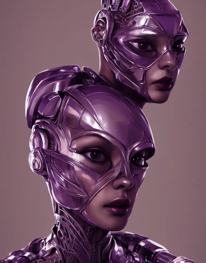 Image similar to beautiful portrait of friendly attractive alien cyborg, style of Feng Zhu, Artstation geometric, aesthetic, smooth skin, unique features, symmetrical, intricate crown, high fashion, streetwear, cyberpunk, detailed, octane render, cinematic, 8k, purple skin, brown skin