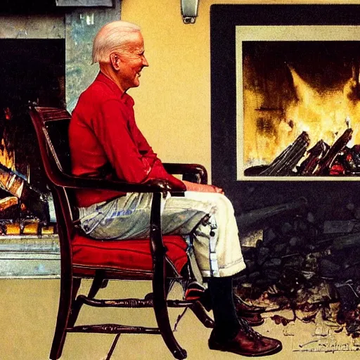 Image similar to a portrait painting by Norman Rockwell of Joe Biden sitting in a chair. Cozy fire. Legs crossed
