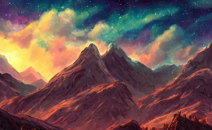 Image similar to mountains, stars and paisley filled sky, artstation, complex, highly detailed, digital painting, concept art, sharp focus, illustration