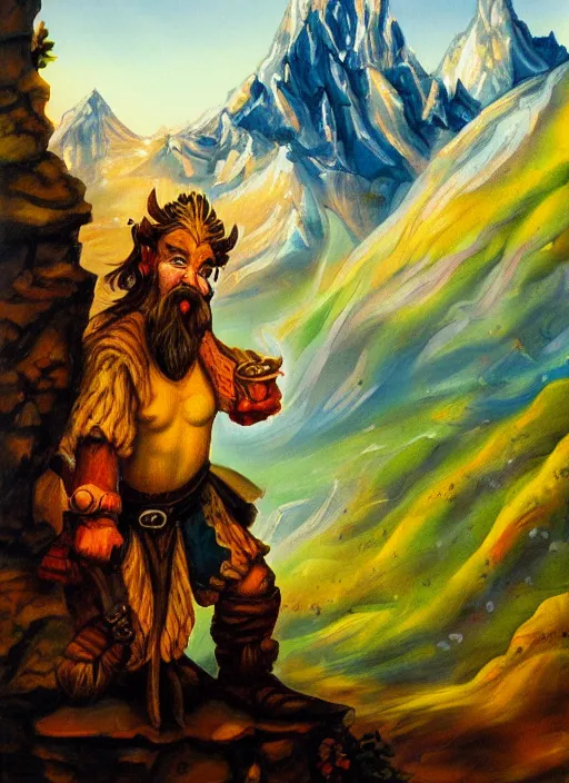 Prompt: A detailed painting of a fantasy dwarf, mountains in background, neo-rococo expressionist style