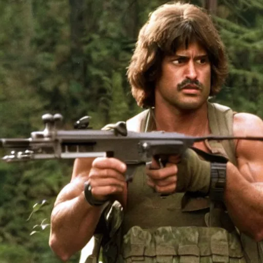 Image similar to A still of Garfield as Rambo in Rambo First Blood (1982)