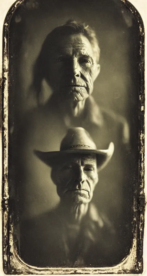 Prompt: a wet plate photograph, a portrait of an old cowboy