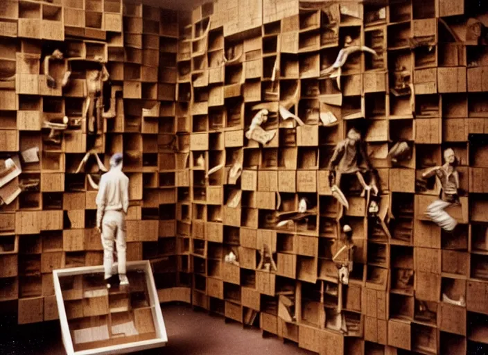 Image similar to realistic photo museum artifact human computer, made of wooden fragments levitating in the living room wooden walls 1 9 9 0, life magazine reportage photo