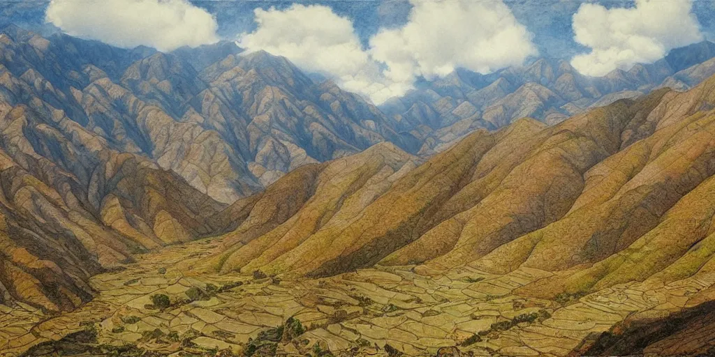 Image similar to art by john howe of the cinematic view of the yili apricot valley