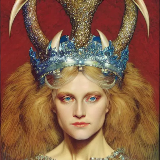 Image similar to a detailed portrait of a blonde haired blue eyed queen of glitter with an antler crown by wayne barlowe and mucha