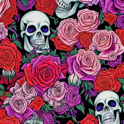 Image similar to large skulls and vivid roses, Jen Bartel, Dan Mumford, Satoshi Kon, gouache illustration