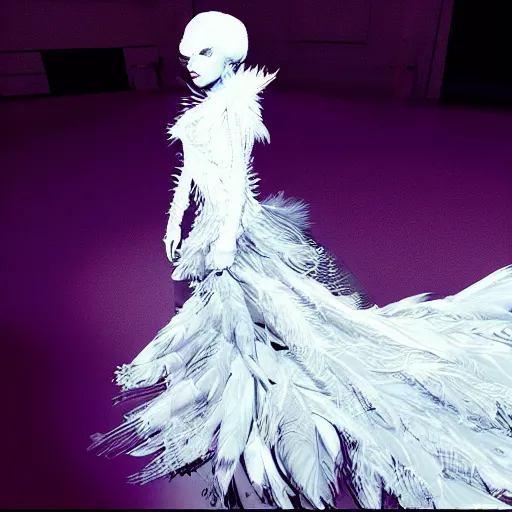 Image similar to lady gaga in a white dress with a plastic bag over her shoulder, a hologram by Alexander McQueen, featured on polycount, gothic art, made of feathers, ethereal, angelic photograph