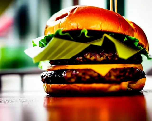 Prompt: big juicy burger, depth of field