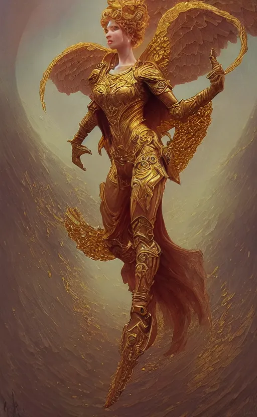 Image similar to ascending dark full body redhead goddess angel, intricate armor, highly detailed, glowing, action pose, cinematic, Art Deco, gold filigree, ethereal, alfonso mucha, zdzisław beksiński, Andrei ryabovichev, Shaun tan, Chriss foss, Peter mohrbacher, 8k