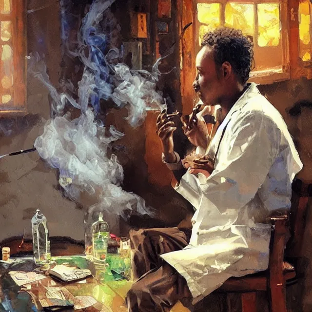 Image similar to an ethiopian male as a doctor smoking a cigarette, surrounded by beautiful women, portrait, elegant, intricate, digital painting, artstation, concept art, smooth, sharp focus, illustration, art by konstantin korovin and daniel f. gerhartz and john howe