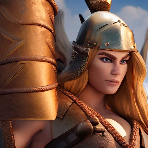 Image similar to a handsome bodybuilder viking girl with blond hair, clash royal style characters, unreal engine 5, octane render, detailed, cinematografic, cinema 4 d