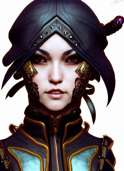 Image similar to rogue, fantasy ornate leather bandit outfit!!! close - up portrait beautiful and athletic short hair female!! gorgeous face and eyes!! character concept art, sharp focus, octane render! unreal engine 5! highly rendered!! trending on artstation!! detailed linework!! illustration by artgerm, wlop, and chie yoshii