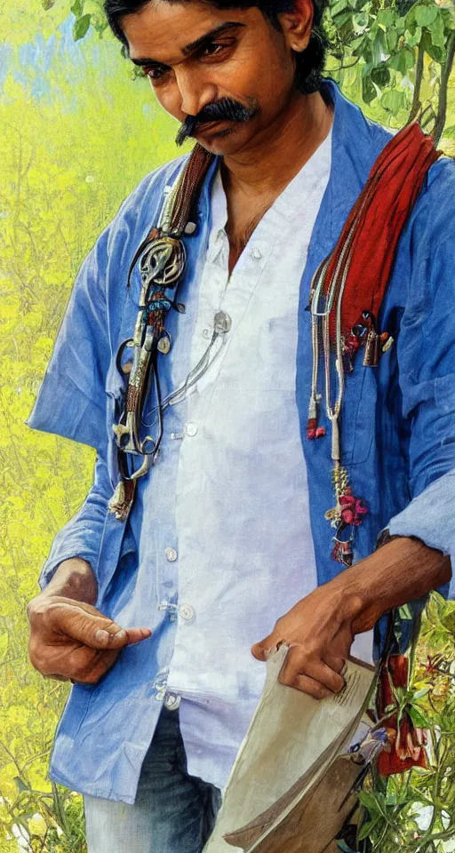 Image similar to close up a beautiful Indian doctor wearing jeans and a shirt in Texas in 2022, sun shining, photo realistic illustration by greg rutkowski, thomas kindkade, alphonse mucha, loish, norman rockwell.