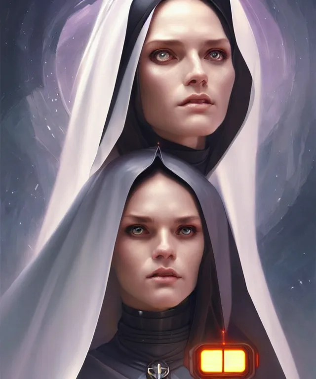 Image similar to futuristic nun woman portrait, sci-fi, amber eyes, face, long hair, fantasy, intricate, elegant, highly detailed, digital painting, artstation, concept art, smooth, sharp focus, illustration, art by artgerm and greg rutkowski and alphonse mucha