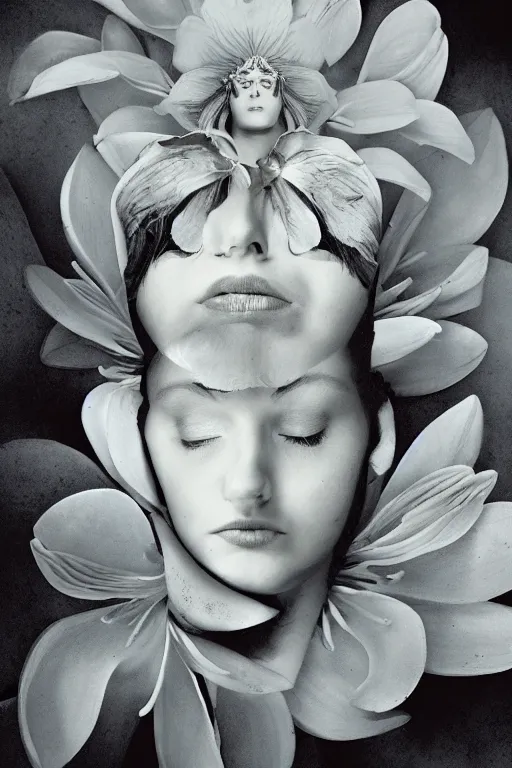 Image similar to a goddess of magnolia a queen of the garden, meditating! with a beautiful symmetrical face!!! cinematic lightning, isolated, studio lighting by dave mckean