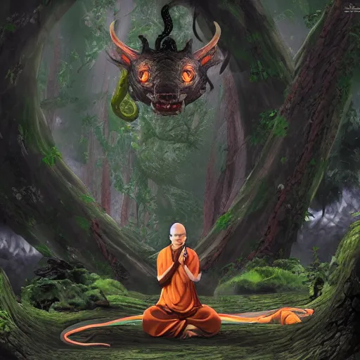 Image similar to a dragon sage monk yamabushi meditates in a dark forest. surrounded by serpents of all sized, danzo, orochimaru madara, ultra hyper detailed realistic matte painting artstation narutoverse stylized beautiful lighting moody gloomy