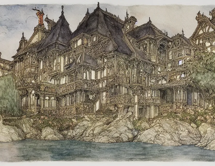 Prompt: a detailed, intricate watercolor and ink illustration with fine lines of the view from the river of an ornate victorian style home, by arthur rackham and edmund dulac and lisbeth zwerger