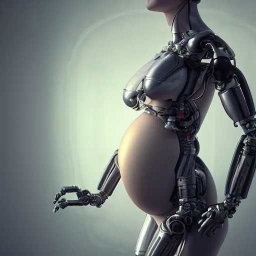 Image similar to pregnant female cyborg, robot anatomy elements, female body elements, cozy atmospheric and cinematic lighting, ultra rendered extreme realism and detail, 8 k, linear gamma, dynamic pose, dissolution filter, turbulence filter, sophisticated composition, old masters light composition, procedurally generated, pbr, photorealistic, sharp focus