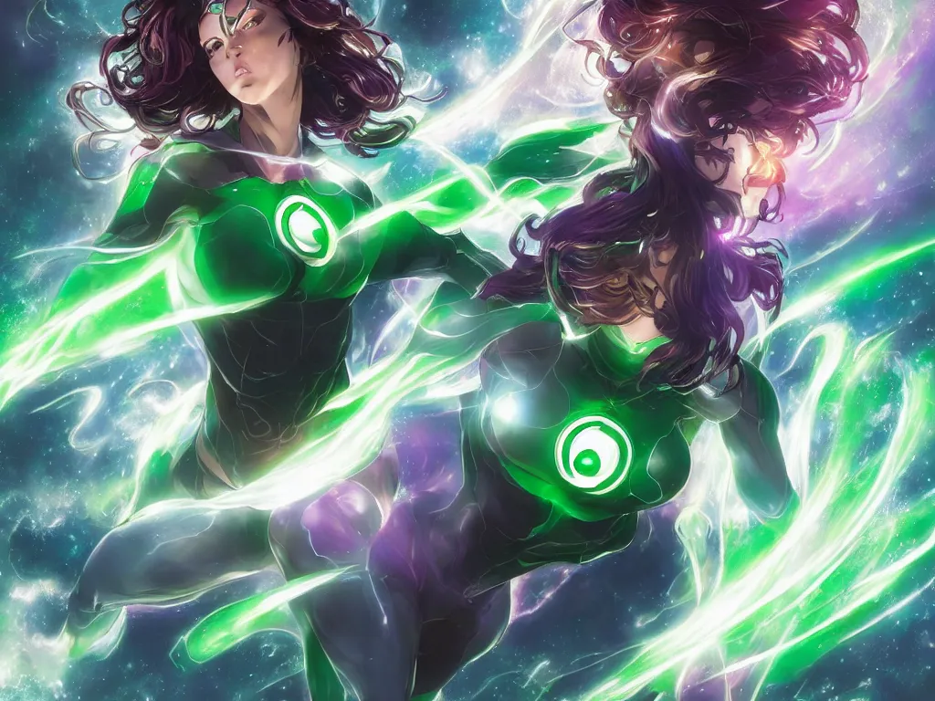 Image similar to anime key visual of one beautiful female green lantern, dc comics, power, hope, glowing, intricate, in space, stunning, highly detailed, digital painting, artstation, smooth, hard focus, illustration, art by artgerm and greg rutkowski and alphonse mucha