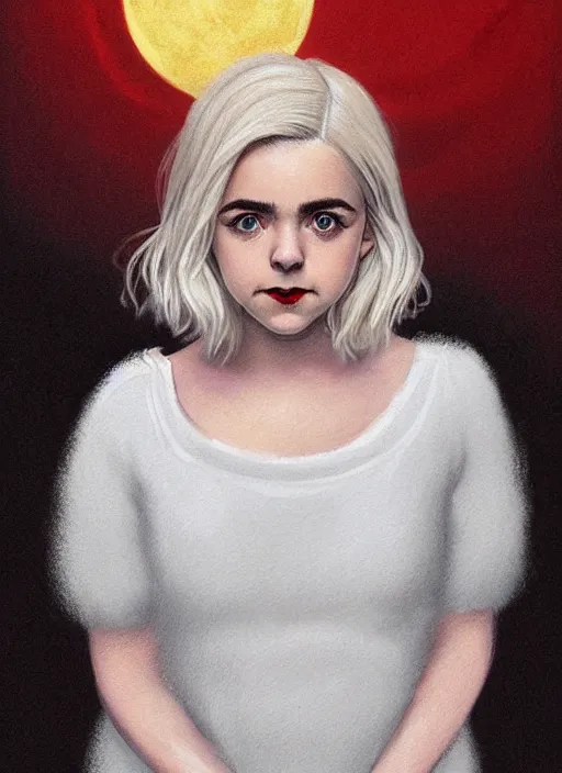 Image similar to full body portrait, kiernan shipka as sabrina spellman, white hair, obese, bangs, sultry, realistic, sultry smirk, fluffy bangs, freckles, fat, belly, intricate, elegant, highly detailed, digital painting, artstation, concept art, smooth, sharp focus, illustration, art by wlop, mars ravelo and greg rutkowski