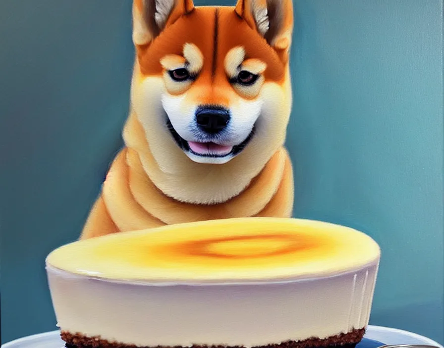 Image similar to a photorealistic painting of a shiba inu as a cheesecake, oil on canvas, highly detailed, pretty