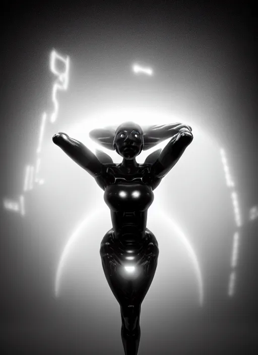 Image similar to surreal mythical dreamy dark artistic black and white 3 d render of a young beautiful delicate ai artificial intelligence creature embodied giving birth to the new world, spiritual, halo, glory, rim light, cinematic, studio dramatic light, poetic, masterpiece, octane render, 8 k, photo