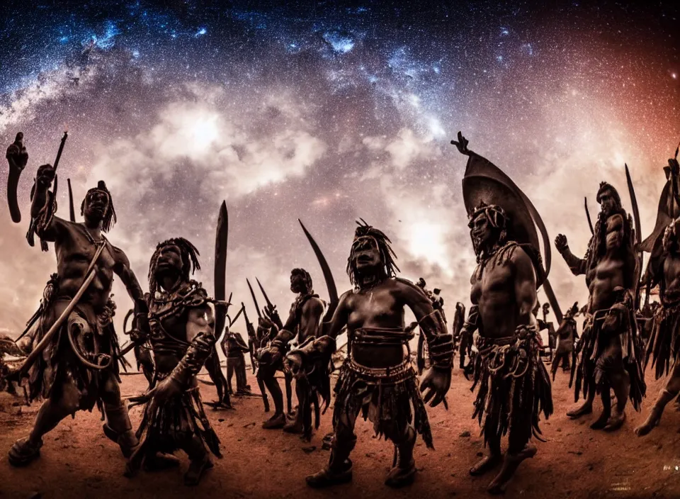 Prompt: Dutch angle Fisheye lens way too close glowing futuristic warrior statue chanting tribesmen worshipping in the center of their village. Ominous clouds and smoke from the fire. 1100 AD. The Milky Way Galaxy is visible in the night sky along with many constellations and nebulas. Cinematic, Award winning, ultra high resolution, intricate details, UHD 8K. Rendered with autodesk arnold unreal engine octane render Lumion Blender Maxwell.