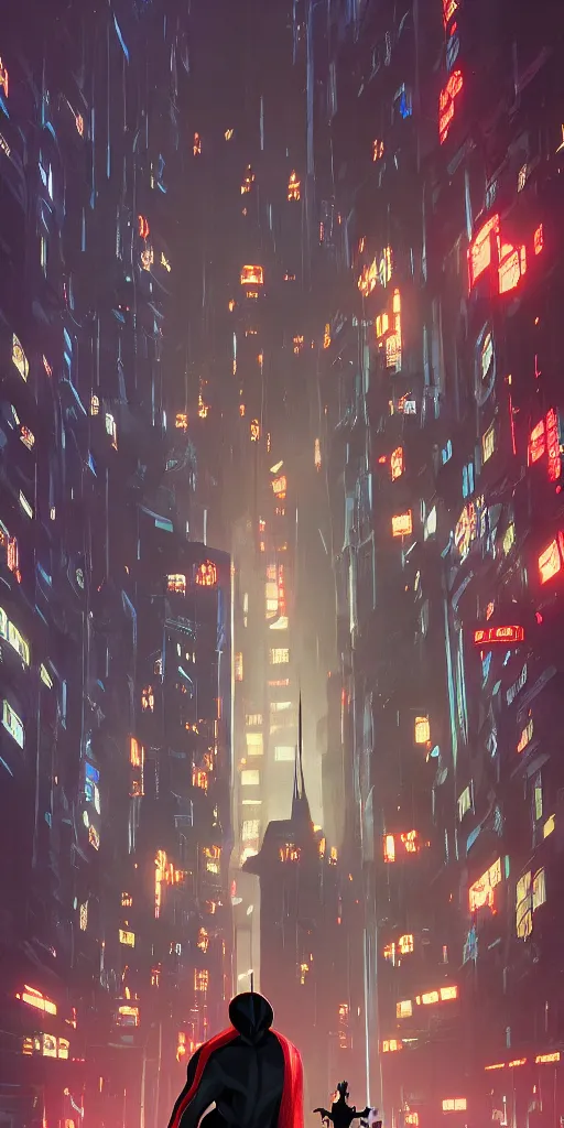 Prompt: the entrance of a stronghold located in the middle of spiderman : into the spider - verse ( 2 0 1 8 ) new york city, by ashley wood and phil hale, blade runner, masterpiece, award - winning, sharp focus, intricate concept art, ambient lighting, 8 k, artstation, pixiv