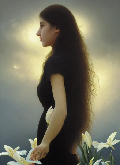 Image similar to oil painting close up portrait of a young woman with long dark flowing hair in a black dress, surrounded by white lilies!! at sunset, hazy, digital art, chiaroscuro, artstation, cinematic, golden hour, digital art painting by greg rutkowski, 7 0 s japanese sci - fi book art, william - adolphe bouguereau, hazy atmosphere, cinematic lighting