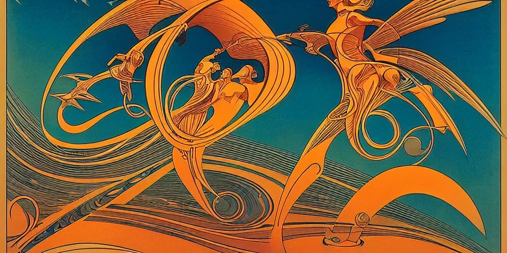 Image similar to ♈ ☀️ 👩🏽‍🦱✨👼🏽; retro vintage art, symmetrical,2d matte illustration, Stanisław Szukalski + Moebius,