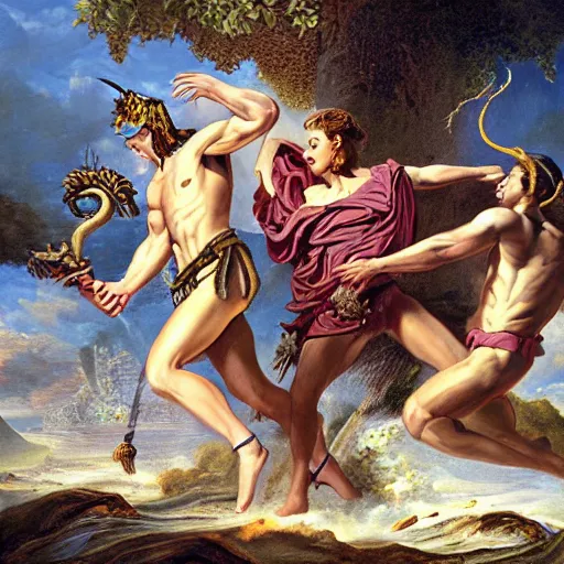 Prompt: detailed illustration of perseus vs medusa, hyper detailed, realistic, oil painting, artwork by asher brown durand, cinematic lighting