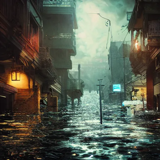 Image similar to A flooded city street, under water, horror, liminal, hyper detailed, dramatic lighting, CGsociety, realistic, fish, hyper detailed, insane details, intricate, dramatic lighting, hypermaximalist, golden ratio, rule of thirds, octane render, weta digital, micro details, ultra wide angle, Artstation trending, 8k,