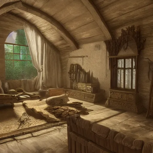 Image similar to house interior with very organic shapes, very detailed, living room of an alchemist