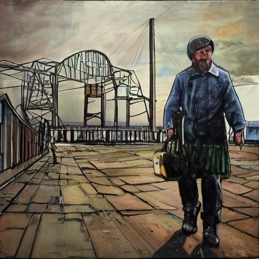 Image similar to A strong Glaswegian welder walks out of the shipyards, in the style of Peter Howson,