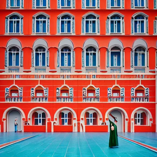 Prompt: Symmetric Wes Anderson film still in a Graduate School without people. Establishing shot. Architecture. 8k resolution. Pastel. Sharp. Whimsical. Symmetry. Stunning.