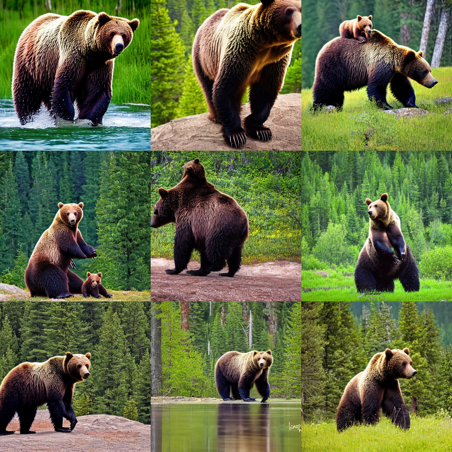 Prompt: a big grizzly bear is standing on his legs, the bear is wearing a green backpack, backpack on the bear's shoulders, nature photography, imax, 3 5 mm, professional photograph, national geographic