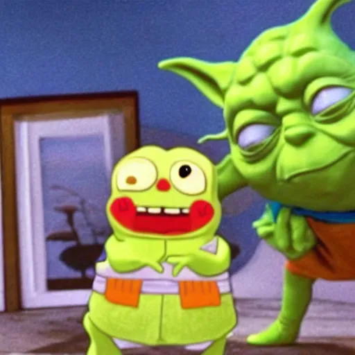 Prompt: Yoda taking a selfie with Spongebob Squarepants