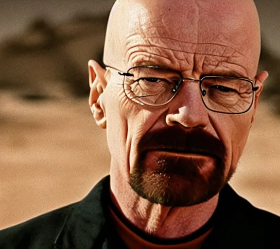 Prompt: walter white singing with a microphone in the desert, realistic, movie still, close up