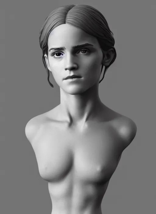 Image similar to 3D resin miniature sculpture of Emma Watson by Jean-Baptiste Carpeaux and Luo Li Rong, prefect symmetrical face, full body shot, academic art, realistic, 8K, Product Introduction Photo, Hyperrealism. Subsurface scattering, raytracing, Octane Render, Zbrush, simple background