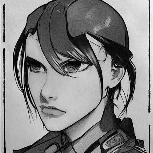 Image similar to manga style, black and white, thin line art, portrait of a girl, shoulder eyes, trench and sandbags in background, soldier clothing, military gear, short hair, hair down, symmetrical facial features, round face, paper sketch, detailed drawing, by alphonse mucha, greg rutkowski, satoru sao