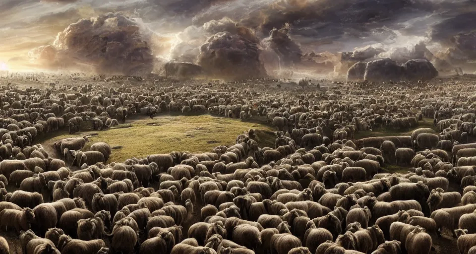 Image similar to The great migration of sheep on a huge shit collapsed in the form of an O'Neill cylinder in orbit of a capybara, rectilinear, barometric projection, dutch angle from space view, concept art, high detail, intimidating, deep rich colors, iridescent radiance, epic scale ultrawide angle, stunning, epic, cinematic, Artstation trending, octane render, hyperrealistic, Cryengine 8k UHD