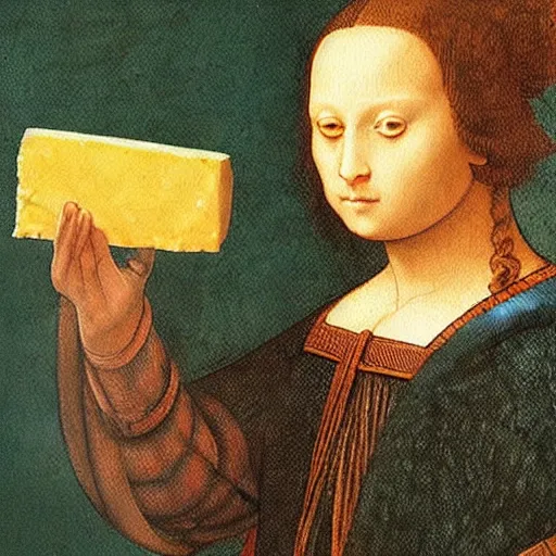 Image similar to A painting by Leonardo da vinci of a cat dressed as french emperor napoleon holding a piece of cheese