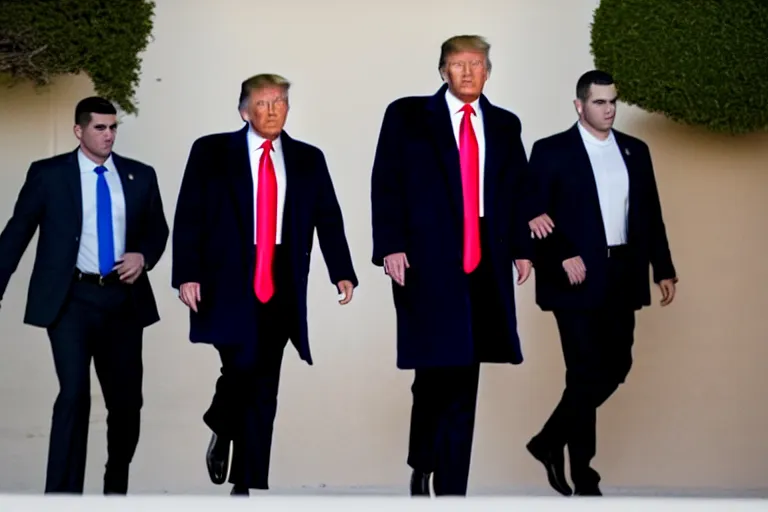 Image similar to Donald Trump in handcuffs escorted by two FBI agents at Mar-a-lago, photo