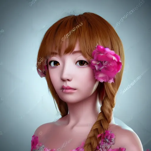 Prompt: highly detailed 3D render portrait young, kawaii lady pink cheeks dressed in manga, floral renaissance dress